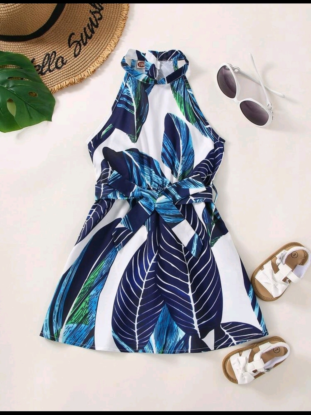 Girls Summer Beach Halter Dress - Blue & White - Size 5/6 Tropical Vibes